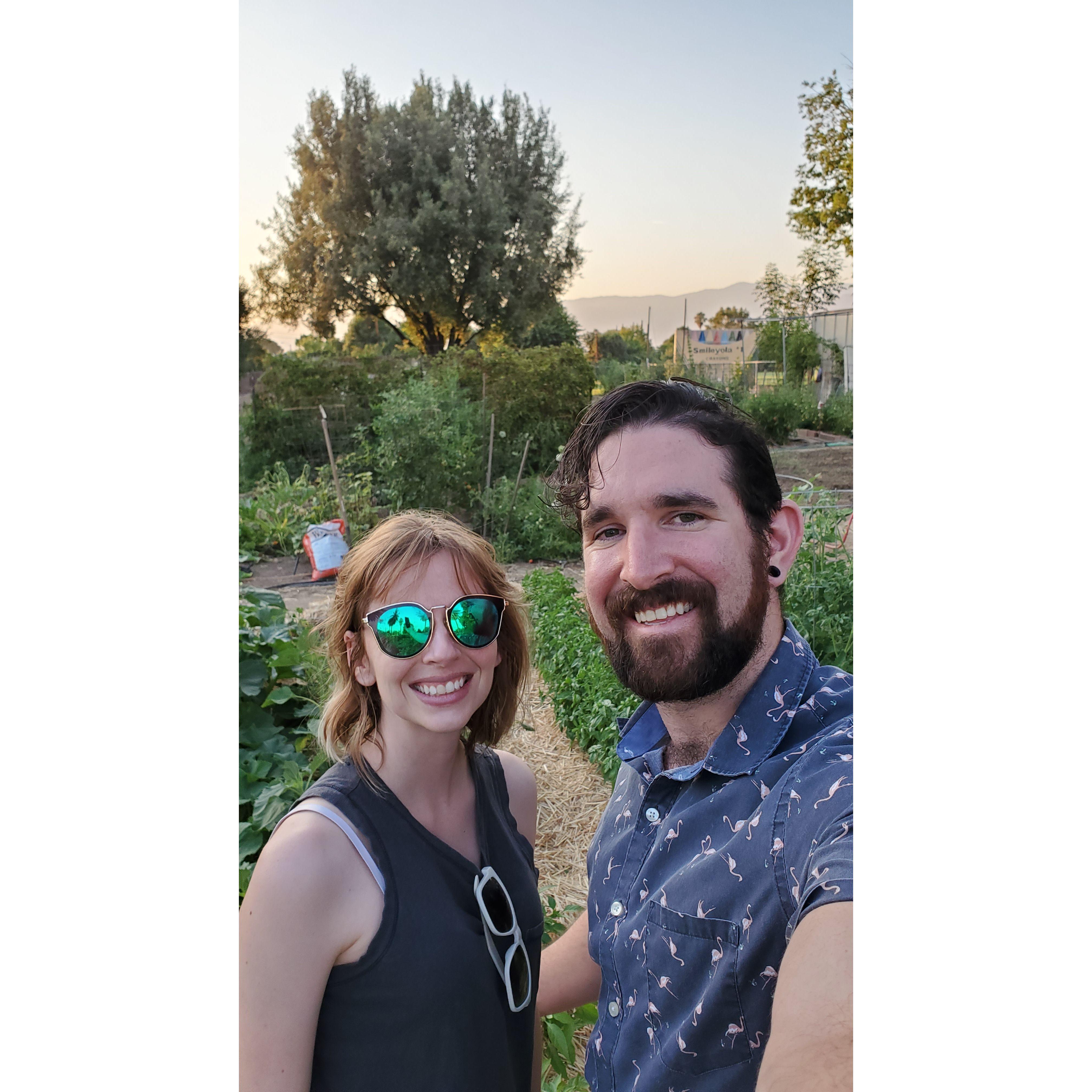 Having fun at our community garden plot in Redlands, CA.