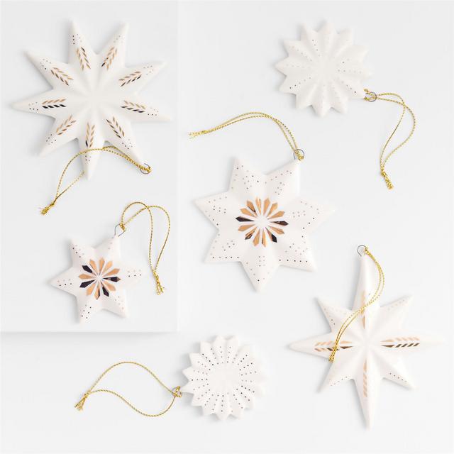 Gold and White Ceramic Snowflake Christmas Ornaments, Set of 12