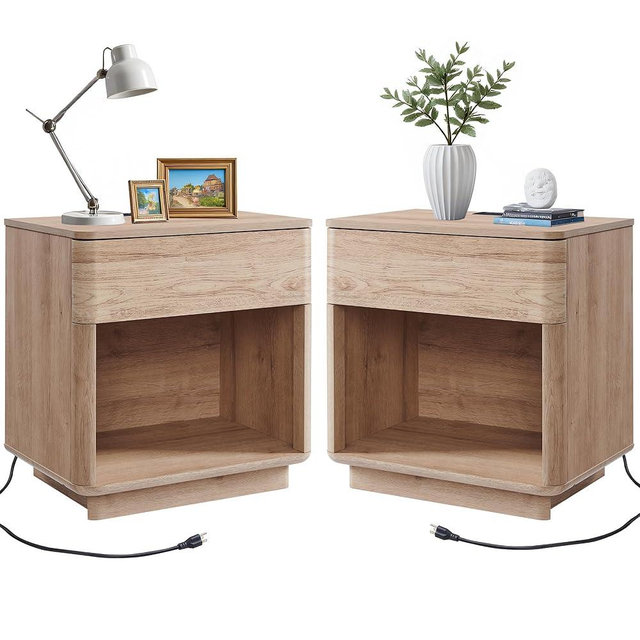 ACCOHOHO Modern Night Stand Set of 2 with Charger Station, 22" Nightstand with Push-to-Open Drawers & Open Storage, Large Bedside Table for Bedroom, Wood End Table, Curved Profile, Natural Oak