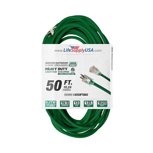 50 ft Power Extension Cord Outdoor & Indoor Heavy Duty 14 Gauge/3 Prong SJTW (Green) Lighted end Extra Durability 15 AMP 125 Volts 1875 Watts ETL Listed by LifeSupplyUSA