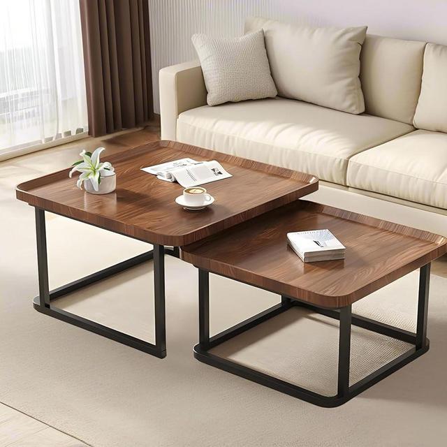 Windpost Nesting Coffee Table Set of 2, 23.6"+19.7" Nesting Tables,Small Square Coffee Table with Fluted,Center Table for Living Room Bedroom Office Balcony Yard (Walnut)