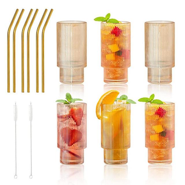 Ribbed Glassware Vintage Drinking Glasses - 11 oz Amber Vintage Glassware with Straw Stackable Highball Origami Style Glass Cups Fluted Vertical Stripes Tumblers Juice Coffee Wine Glass Cups Set of 6