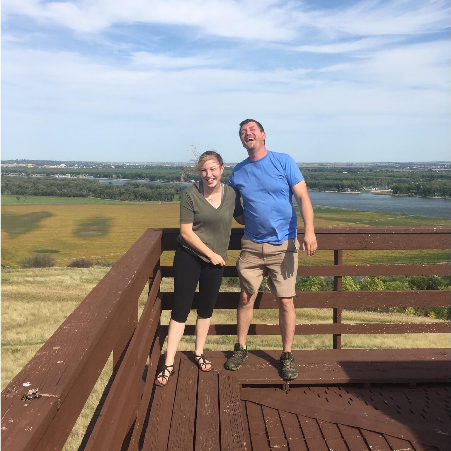 Sept. 2018- Top of the guard tower at Fort Lincoln State Park, Bismarck and the Missouri in the background. That nodak wind was trying to take our shirts off!