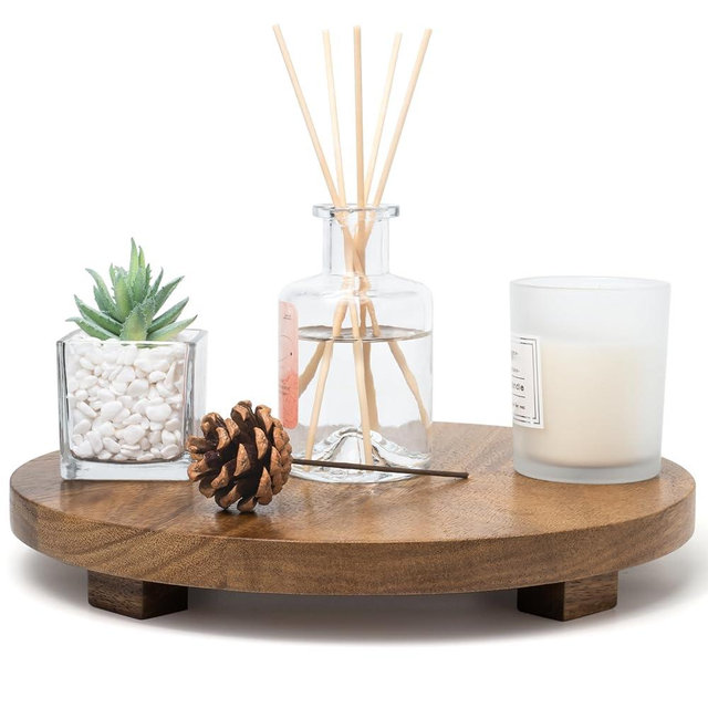 Zurklulu Round 11.8" Acacia Wood Decorative Tray – Farmhouse Wood Riser Pedestal Stand for Kitchen and Bathroom Decor, Counter Display, Vanity Tray (Large, 11.8" Dia)