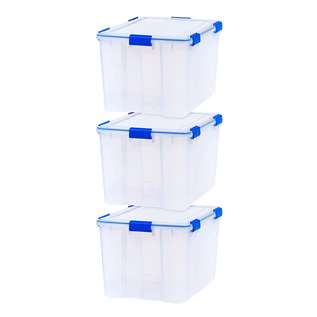 IRIS USA 70 Quart WeatherPro Plastic Storage Bin Tote Organizing Container with Durable Lid and Seal and Secure Latching Buckles, Clear With Blue Buckles, 70 Quart - 3 Pack