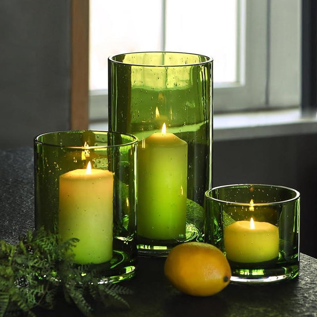 ARIAMOTION Hurricane Candle Holders Set 3, Spring Green Glass with Seeded Bubbles, Pillar Candle Holders Bulk,Cylinder Vase Centerpieces 10" 7" 4" Height