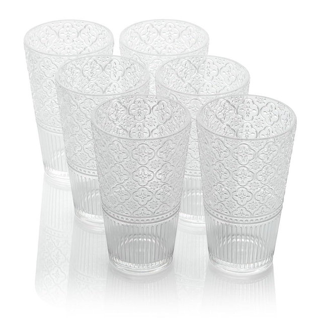 Certified International Victoria Clear Set of 6 Premium Acrylic Ice Tea Glass 22 oz – Unbreakable Glassware with Elegant Embossed Design, Dishwasher Safe for Indoor & Outdoor Use