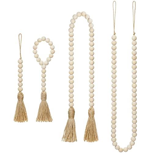 Mkono Wood Beads Garland with Tassels 4 Styles Prayer Beads Farmhouse Rustic Natural Wooden Bead String Wall Hanging for Baby Nursery Room Decor,Wedding Vase Ornament, Jute Rope