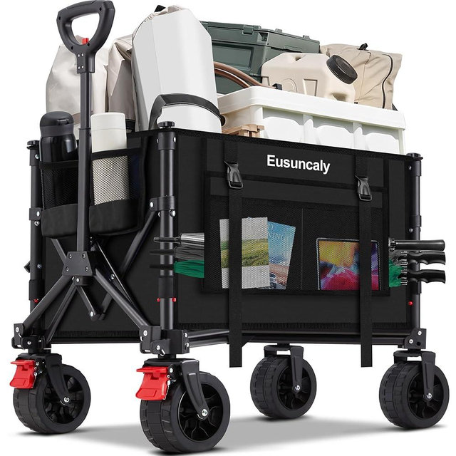 Eusuncaly Collapsible Wagon Carts,Folding Wagon Cart with All Terrain Wheels,Heavy Duty Garden Carts,Outdoor Utility Wagon with Side Pockets and Brakes for Camping Shopping Sports Fishing(Black)