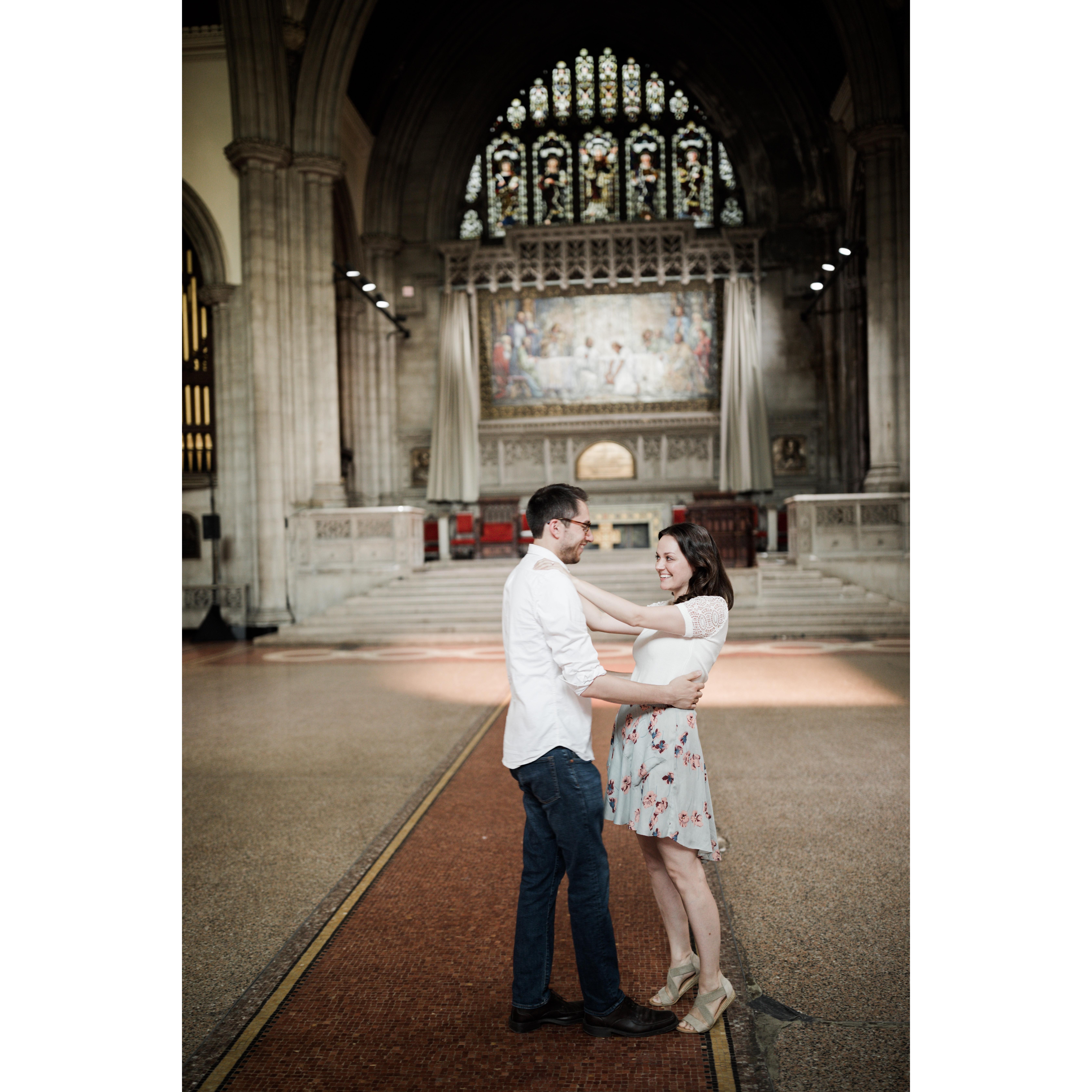 Engagement shoot in Schuyler's church.