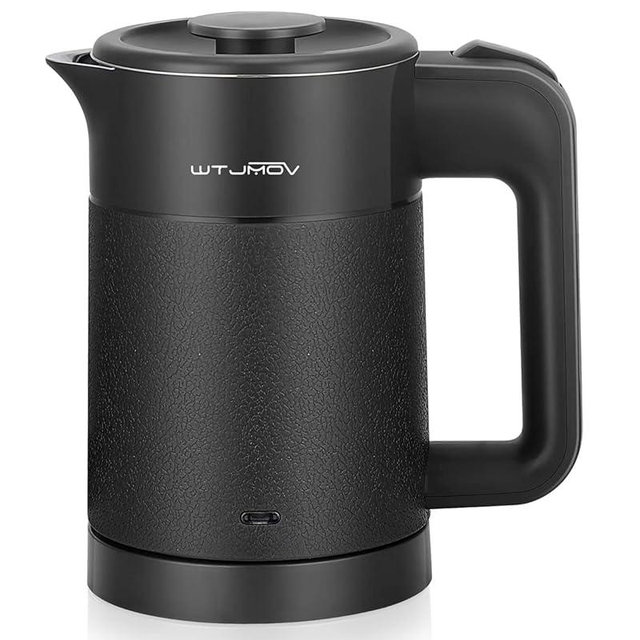 WTJMOV 0.6L Small Electric Tea Kettle Lightweight, 20 Ounce Double Wall Hot Water Boiler Stainless Steel Auto Shut-off, 120V Portable Travel Electric Kettle Fast Boil for Tea and Coffee, Black