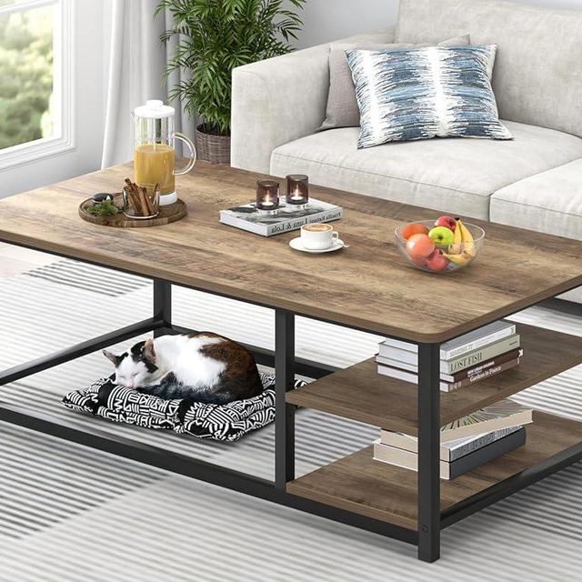 EXCEFUR Coffee Table with Storage Shelf, Modern Wood and Metal Center Table for Living Room, Rustic Oak, 47 Inch