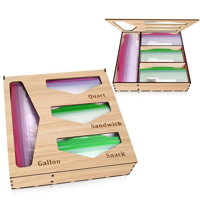 FLRUL Wooden Ziplock Bag Organizer for Pantry & Drawer, 4 Slots Baggie Storage Holder for Gallon Quart Sandwich & Snack bags, Compatible with Ziploc Hefty Glad Solimo