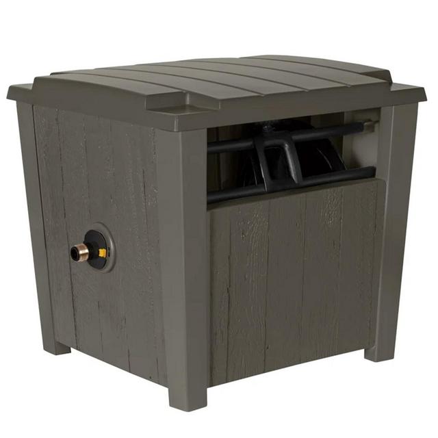 Suncast Farmington Smart Tube Weatherproof Outdoor Hideaway Standard Garden Hose Storage Pot Container with Brass Connections, Stoney