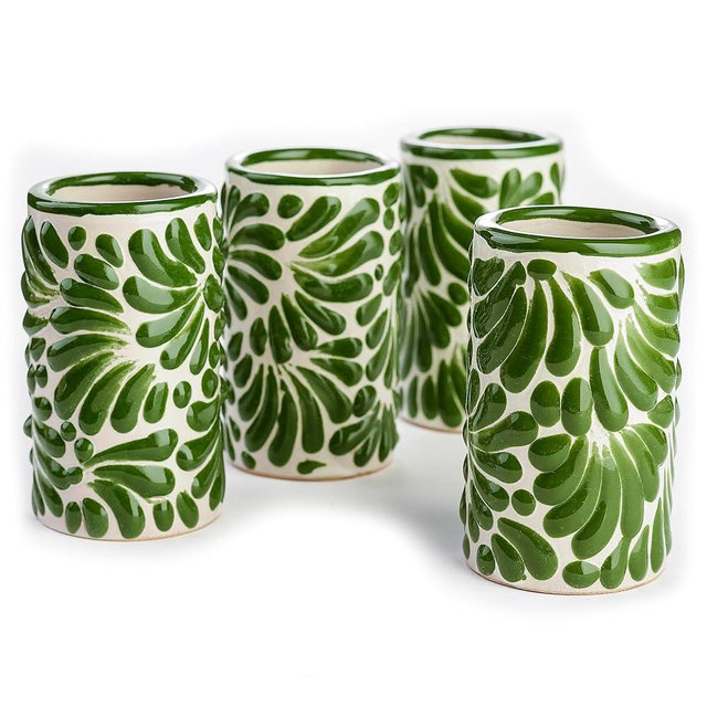 MEXTEQUIL - Talavera Shot Glasses Set of 4 Authentic Mexican Tequila Shot Glasses - Hand-painted - 2 Oz (Green Brushstroke White Background)