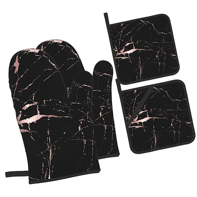 Oven Mitt and Pot Holders Sets of 4 Rose Gold Black Marble Kitchen Potholder Gloves Heat Resistant Non-Slip for Chef Baking Cooking Grilling BBQ Mittens