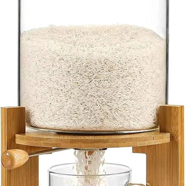 Glass Rice Dispenser with Stand, Glass Cereal Dispenser Countertop with Glass Cup for Pantry, Food Storage Containers with Airtight Bamboo Lid for Rice, Beans, Flour, Sugar and Ground Coffee (5L)