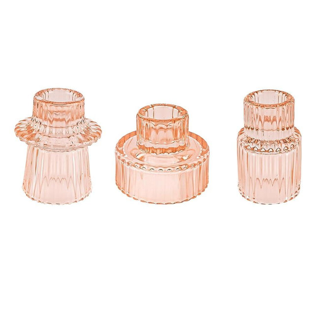 Double Sided Vintage Ribbed Taper Glass Candle Holders,Tea Candle Holder for Table Centerpieces, Wedding Decorations and Dinner Parties (Orange Pink, 3 PCS)