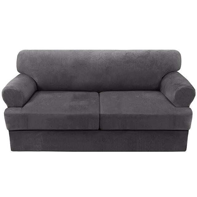 Sofa Cover 3 Piece T Cushion Sofa Slipcovers Thick Velvet Couch Cover Furniture Protector Stretch T Cushion Sofa Covers for 2 Cushion Couch with 2 Individual T Cushion Covers Washable, Grey