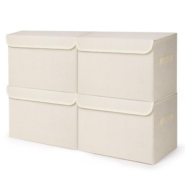 Bagnizer Large 22 Quart [4-Pack] Linen Fabric Foldable Storage Bin Cube Organizer Basket with Flip-Top Lid & Handles, Clothes Blanket Box for Home, Office, Closet (14.6 x 9.5 x 9.5, Beige)