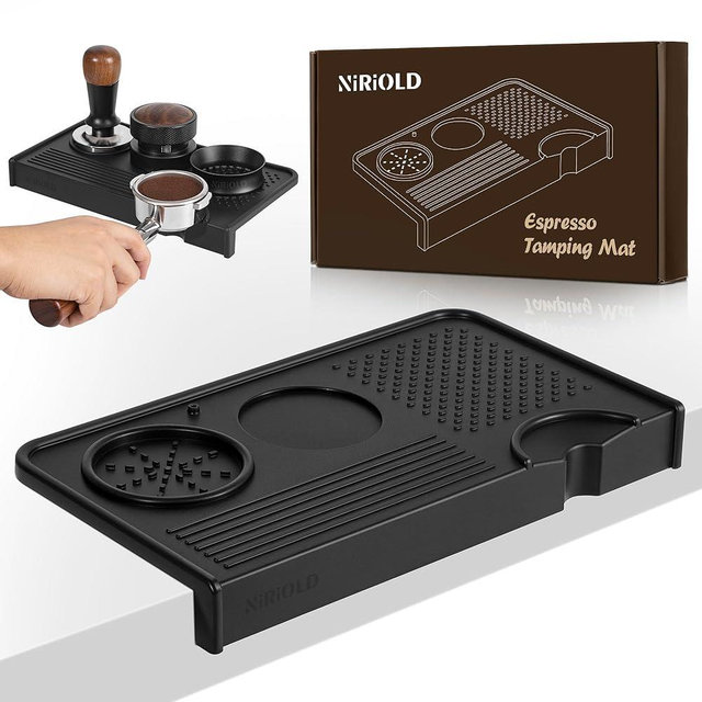 NiRiOLD Espresso Tamping Mat, Coffee Tamper Mat, Food Grade Silicone 10.43″×5.63″ Portafilter Mat for Barista Espresso Machine Acceessories, Waterproof Heat Resistant Tamp Station for counter (Black)