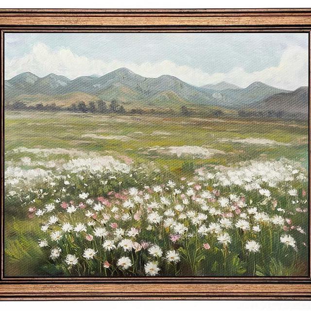 Gold Framed Wall Art Vintage Landscape Wildflowers Mountain Painting Canvas Print for Bedroom Living Room Wall Decor (wildflowers, 10L" x 8W")