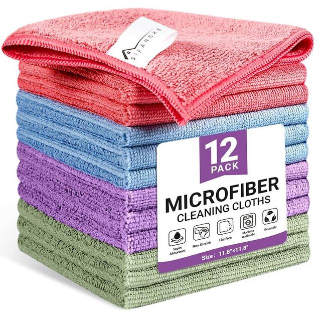 SIFANGKE Microfiber Cleaning Cloth, 12 Pack Assorted Color Cleaning Rags for Housekeeping, Colorful Reusable Microfiber Towels for Car, Kitchen, Bathroom and Household Cleaning Supplies, 11.8"X11.8"