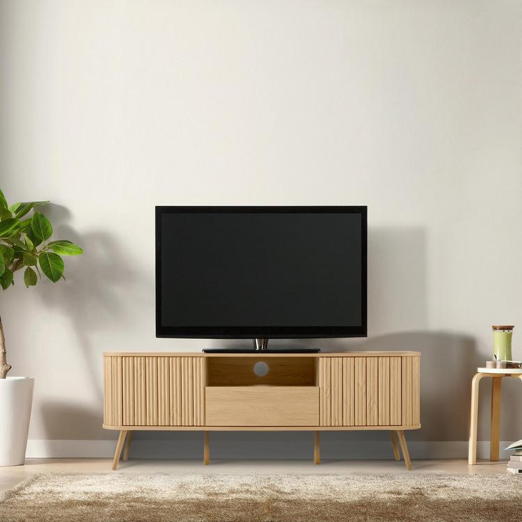 JONATHAN Y, Damien Farmhouse Curved TV Stand with Drawer & Storage