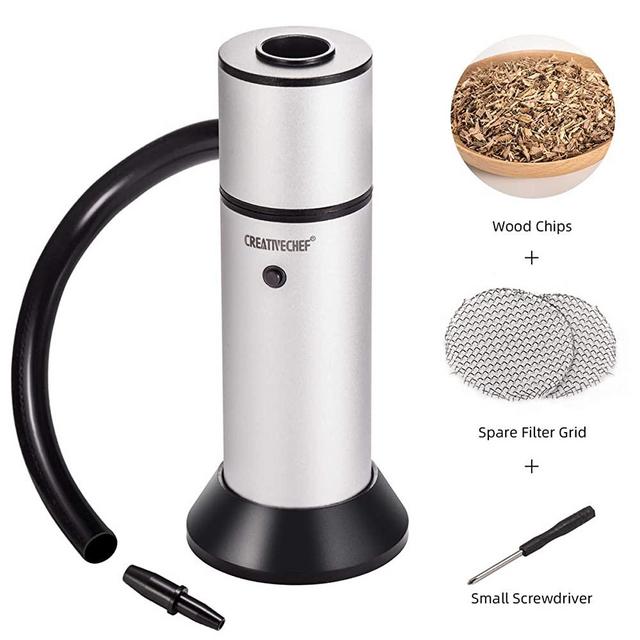 TMKEFFC Portable Smoker Gun, Handheld Smoke Infuser for Cocktail Food Drink Smoking, Enhance Taste for Meat, Sous Vide Steak, Grill, BBQ, Popcorn, Cheese, Wood Chips Included, Silver