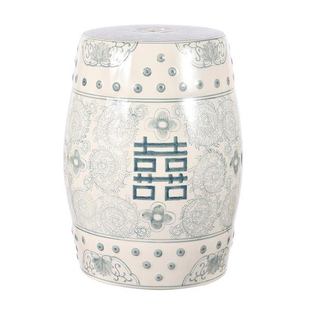 JONATHAN Y TBL1013C Double Happiness 18" Chinoiserie Ceramic Drum Garden Stool Bohemian, Coastal, Classic, Cottage, Traditional, Transitional, Patio, Garden, Bathroom, Living Room, Gray Blue/White