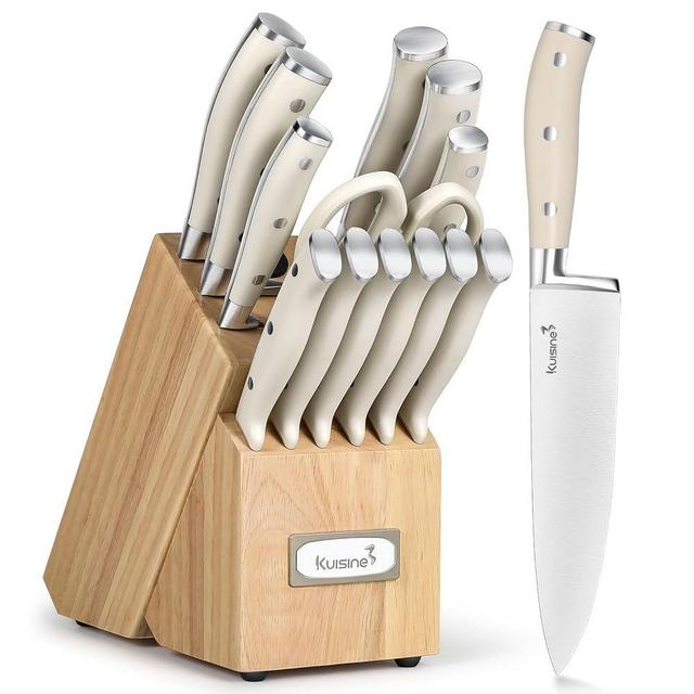 Kuisine Chef Knife Set,High Carbon Stainless Steel Razor-Sharp Blade Ergonomic Handle,Knife Block Set with Built-in Sharpener(15PCS,Ivory)