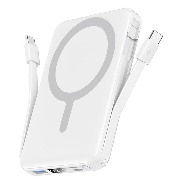 podoru for Magsafe Battery Pack, 10000mAh Magnetic Power Bank Built-in Double USB C Cables 20W PD Fast Charging LED Display Wireless Portable Charger for iPhone 17/16/15/14/13/12 Series-White