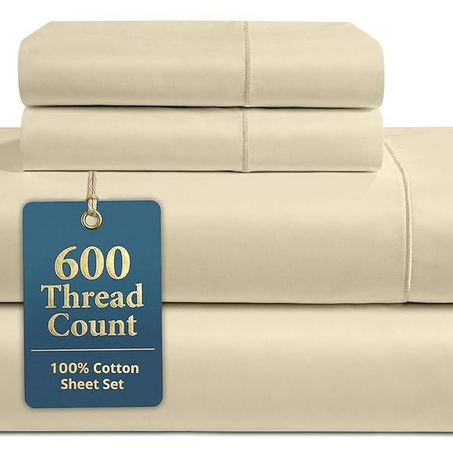 LANE LINEN King Size Bed Sheet Set – 600 Thread Count Long-Staple 100% Cotton Sheet Set King Size, Hotel Premium Soft Silky Sateen Finish, Durable Bedding Set, Elasticised 15" Deep Pocket – Linen