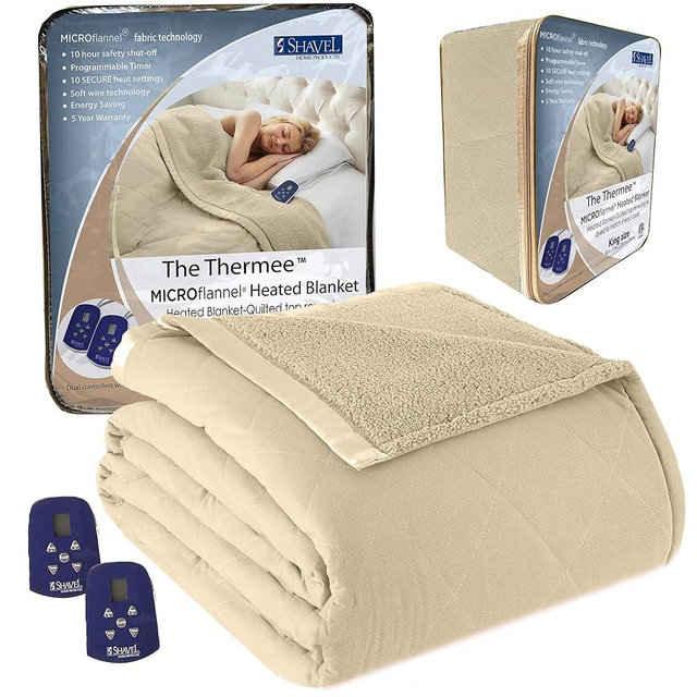 Thermee Micro Flannel Heated Blanket with Sherpa Back, 10-Setting Programmable Electric Blanket - King Size, Ultra-Soft Heated Throw - Tan