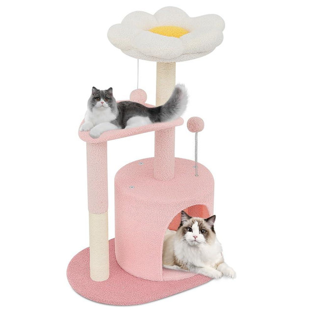 Magshion Flower Cat Tree for Indoor Cats, 33" Cute Cat Tower with Scratching Post, Condo, Top Flower Perch and Dangling Balls, Compact Cat Stand for Kittens, Pink