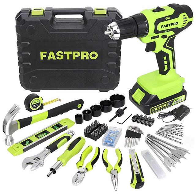 FASTPRO 177-Piece 20V Cordless Lithium-ion Drill Driver and Home Tool Set, Household Repairing Tool Kit with Drill in Tool Storage Case, Green