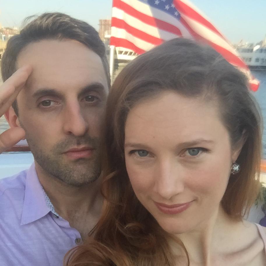 Attending our first wedding together, on a yacht in NYC. 
Aren't we patriotic?