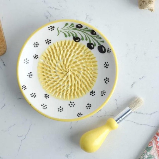 Ceramic Garlic Grater Plate, Handmade Ceramic Grater, Ginger Grater with Brush, Grater Plate for Chocolate & Cheese, Vegetable Rub Plate - Honey Yellow