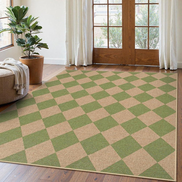 Lahome Checkered Washable Rugs 5x7, Green Area Rug Neutral Large Outdoor Patio Living Room Rug, Farmhouse Non Slip Non Shedding Floor Carpet for Courtyard Camping