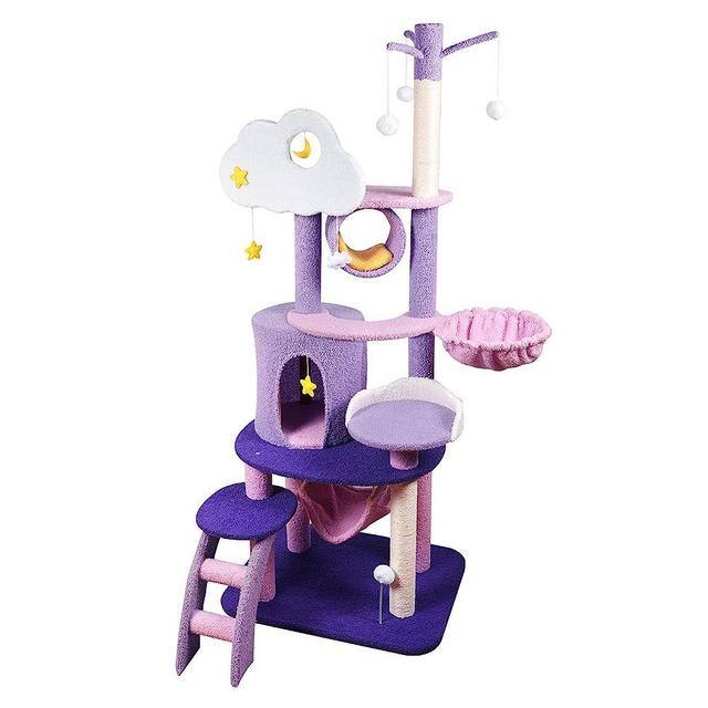 Lucky Monet 65 Inches Cat Tree for Indoor Cats, Multi-Level Cat Tower for Large Cats Cute Purple Pink Cat Tree Unique Cat Condo with Scratching Post Hammock Condo Pompom Ball Toy