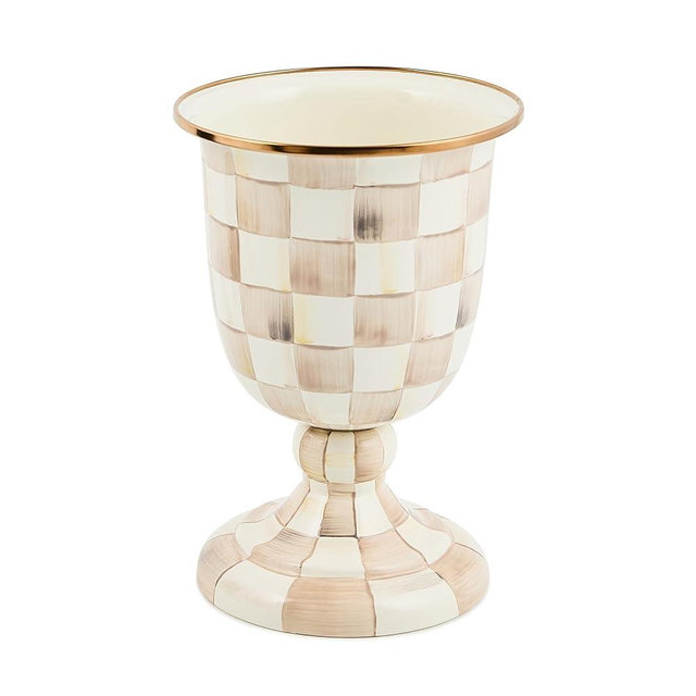 MACKENZIE-CHILDS Pedestal Vase, Decorative Centerpiece and Flower Holder, Brown-and-White Mocha Check