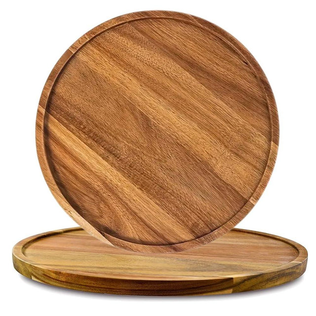 2PACK Solid Wood Serving Platters,Trays of Natural Acacia Wood Log Charcuterie Boards,Round Decorative Serving Tray,Cheese Board,Table Bath Counter Organizer Trays,Kitchen Tray Platter Jewelry tray,8"