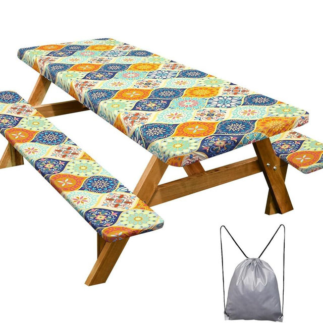 Picnic Table Cover with Bench Covers Camping Essentials Waterproof Windproof Camping Tablecloth with Drawstring Bag, Fitted Rectangle Tables and Seats, 72in, Blue Orange Plaid
