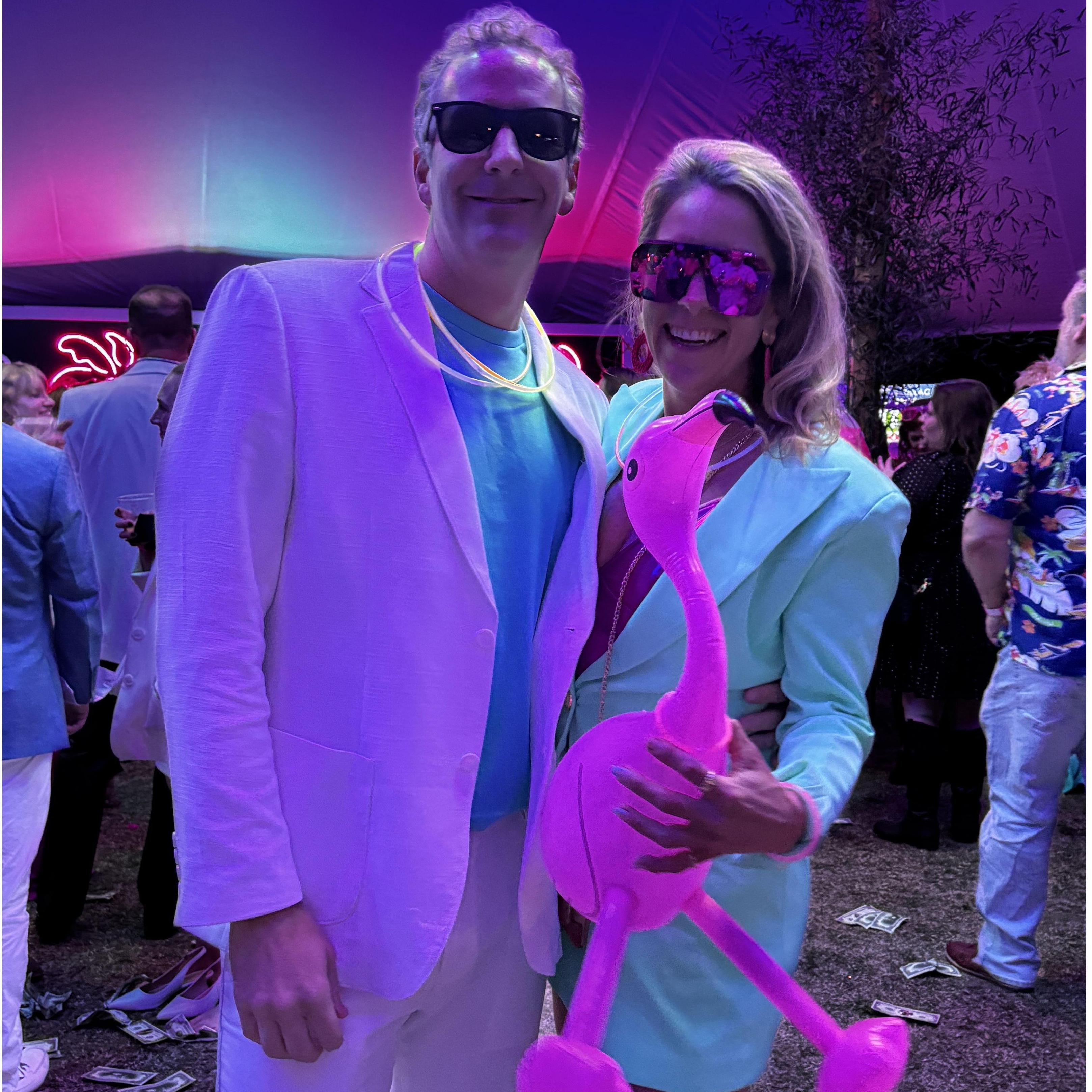 Miami Vice theme for Party for the Parks, November 2023. We crushed it! And definitely took this inflatable flamingo home with us...
