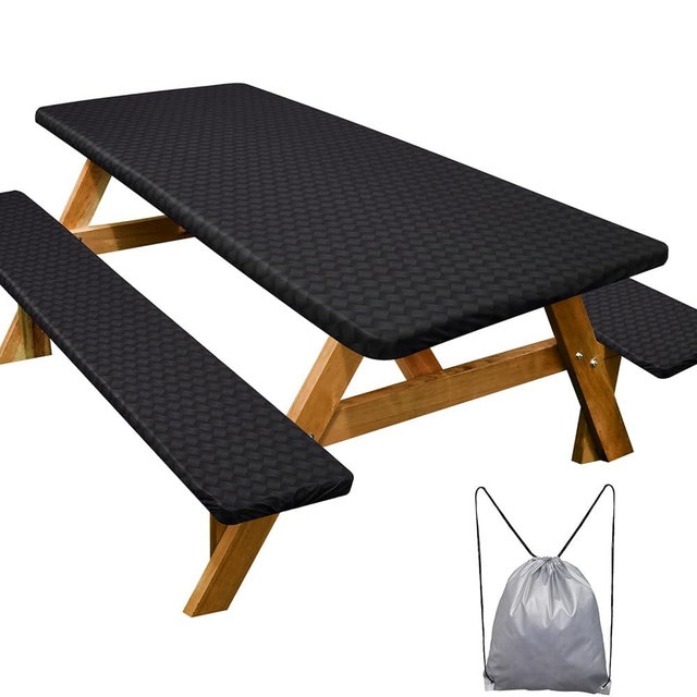 Picnic Table Cover with Bench Covers Camping Essentials Waterproof Windproof Camping Tablecloth with Drawstring Bag, Fitted Rectangle Tables and Seats, 72in, Black