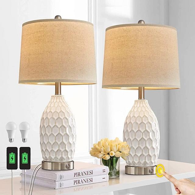 USumkky Lamps for Bedrooms Set of 2, 3-Way Dimmable Ceramic Bedside Lamp with USB Ports for Nightstand, Farmhouse Desk End Table Lamps Buffet Modern Touch Light for Living Room Home, 2 Bulbs Included