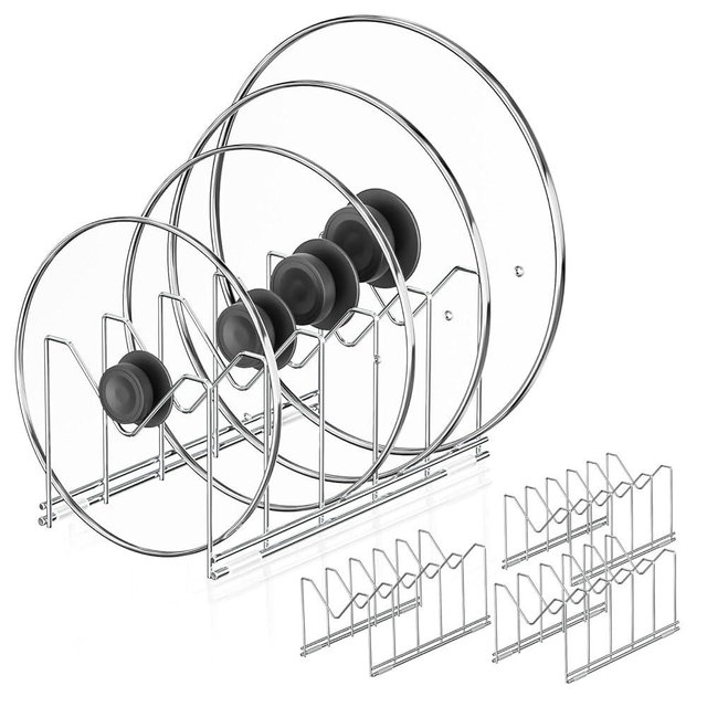 HzTinT 3 Pack Pot Lid Organizer for Cabinet, Stainless Steel Pot Lid Rack with Anti-slip Pad, Lid Holder for Pans Pots, Bakeware, Plates, Cookie Sheets, Trays, Dish, Cutting Boards