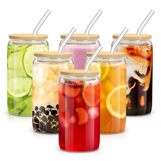 sungwoo Glass Cups with Bamboo Lids and Straws, 16OZ Ice Coffee Cup, Drinking Cup set with Wooden Lids, Home Essential Glass Tumblers for Beer, Cocktail, Tea and Latte Clear 6 Pack