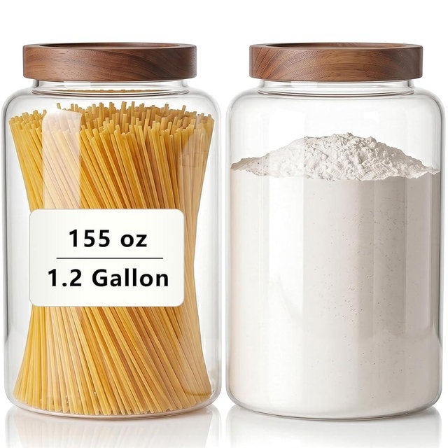 2 Pack 1.2 Gallon High-Borosilicate Large Glass Jars with Airtight Screw-On Lids, 155 oz Food Storage Containers, Large Canisters for Flour, Rice, Sugar, and Dry Goods to Organize Your Kitchen Pantry