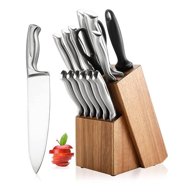 GOOD HELPER Knife Set, 15 Pieces Kitchen Knife Set with Block, Knife Block Set with Sharpener & Shears, Chef Knife Set, Stainless Steel Hollow Handle Knife Block Set